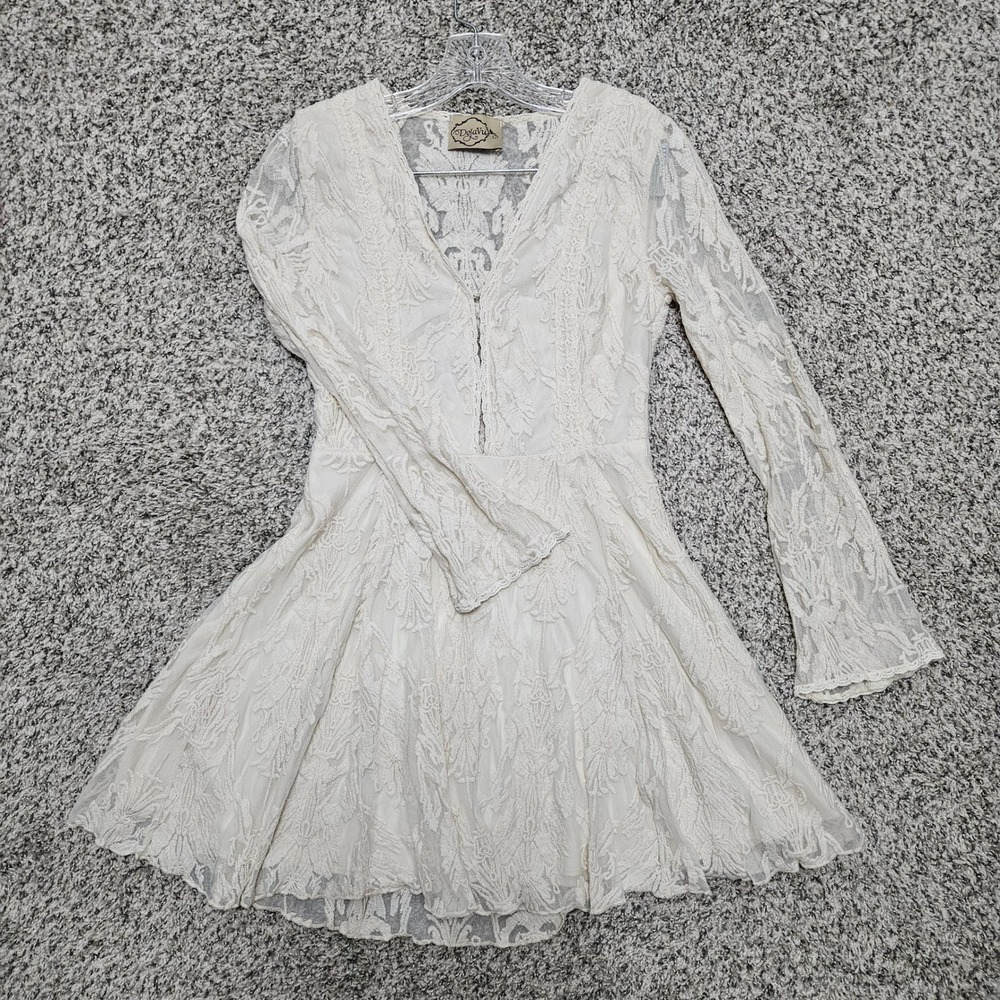 Romantic Fairycore Whimsigoth Lace Mini Dress Womens Sm Cream Bell Sleeve Boho